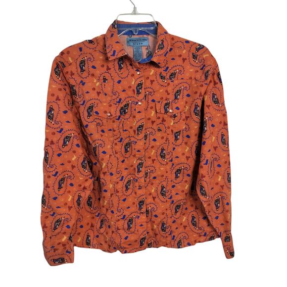 Wrangler Tops - 3718) Wrangler Blues Women Orange Horse Snap Button Down Long Sleeve Top Sz XL